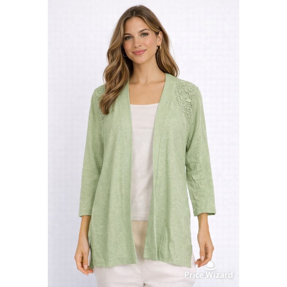 Chicos Linen Cardigan Sz‎ 1 US M Green open Front Lightweight Layering Top